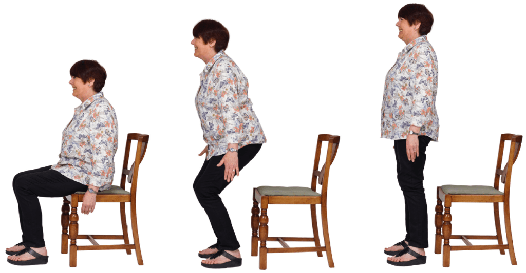 
The image shows a sequence of a woman performing the sit-to-stand exercise. 