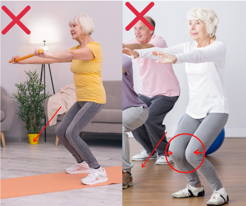 Two images demonstrating incorrect form for the sit-to-stand exercise. On the left, an older woman leans too far forward, causing her heels to lift off the ground. On the right, another woman has her knees caving inward, which is also improper form for the exercise.