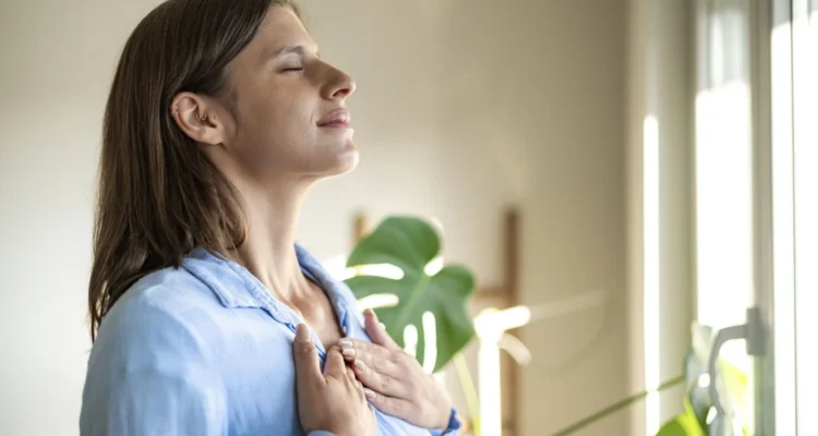 A woman trying to exercise emotional control.