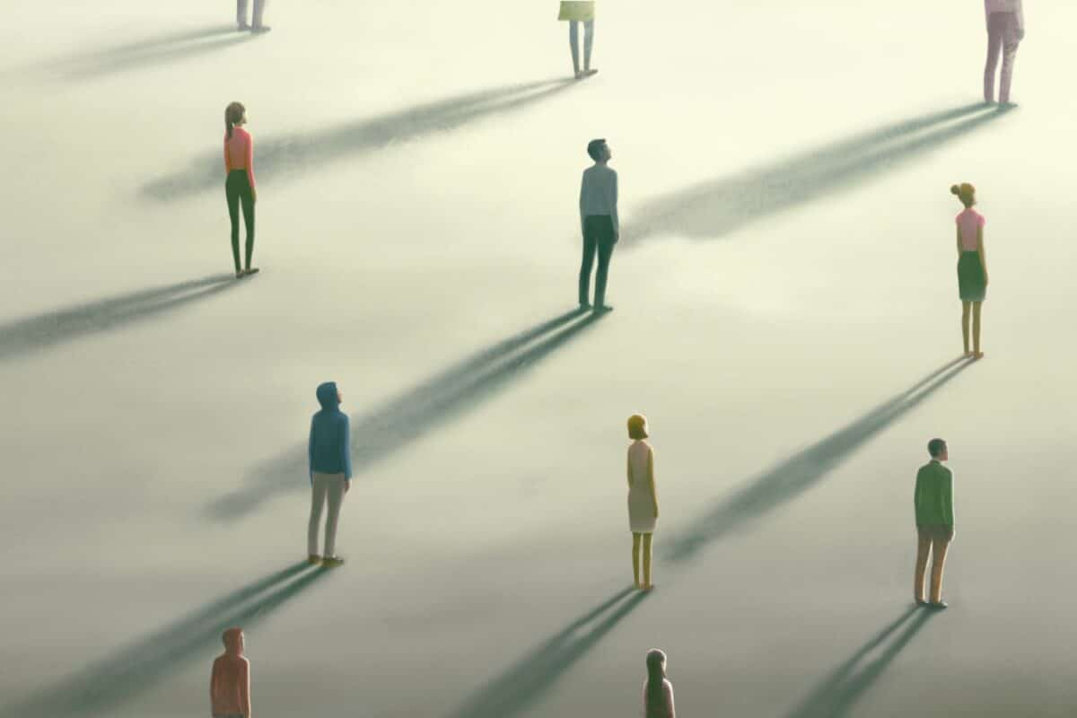 Illustration of people standing apart on a foggy surface, casting long shadows.