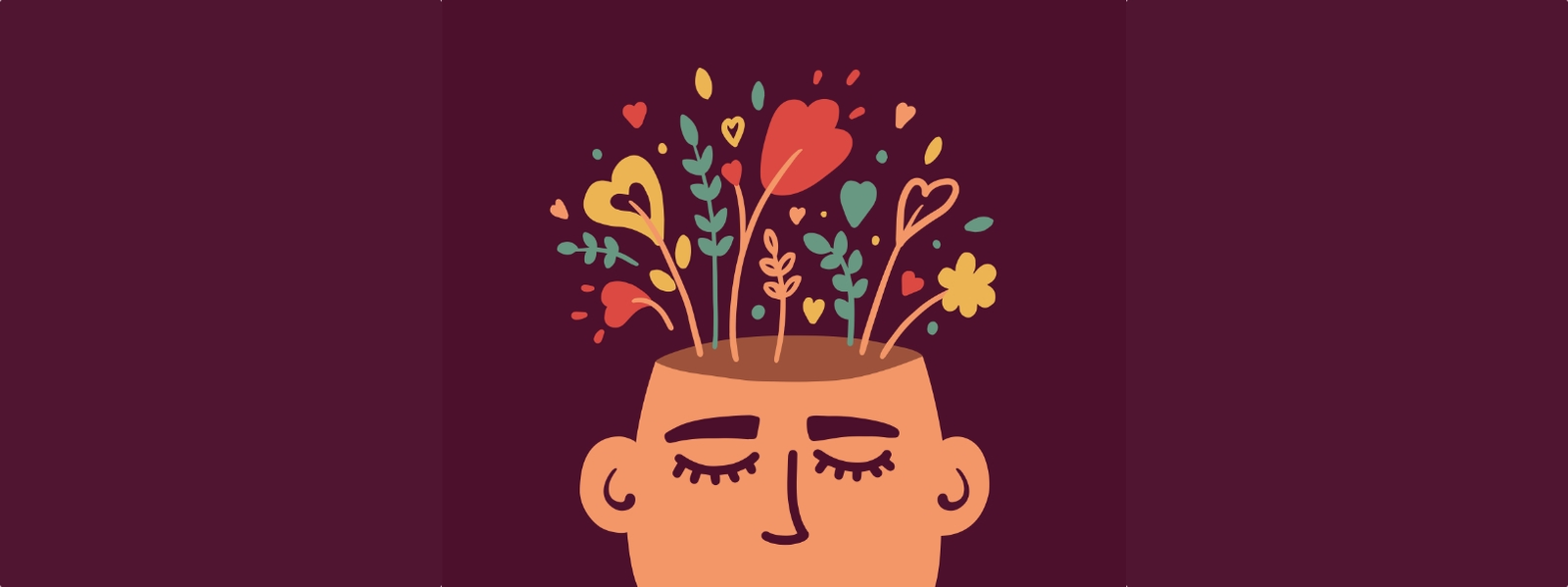 Illustration of a person's head with colorful flowers and hearts sprouting from the top.