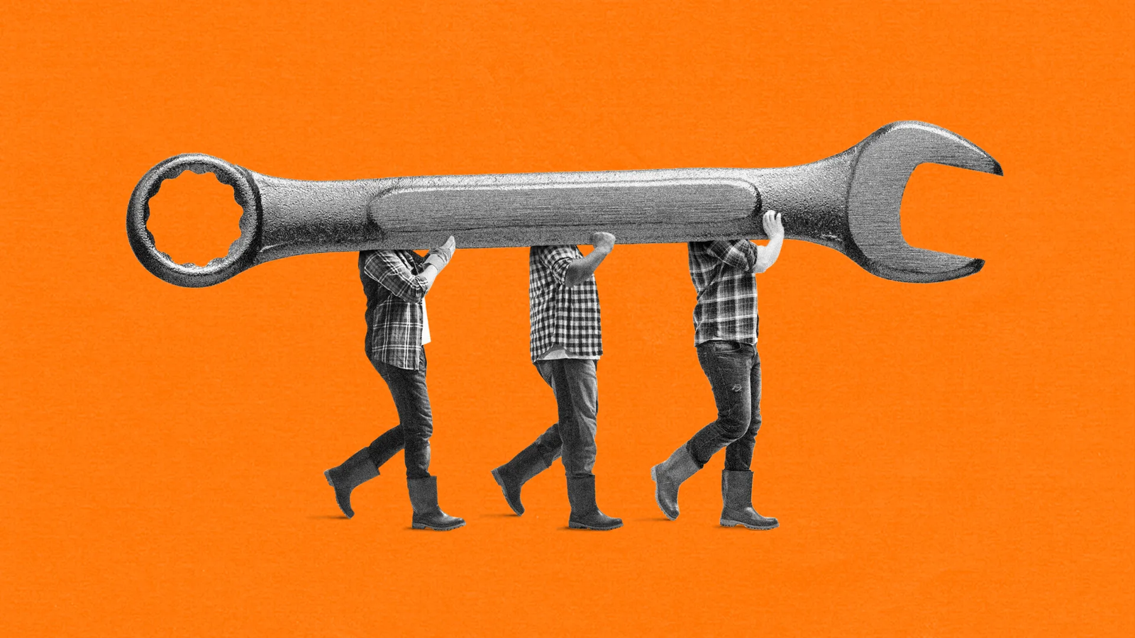 Three people carrying a giant wrench on an orange background.