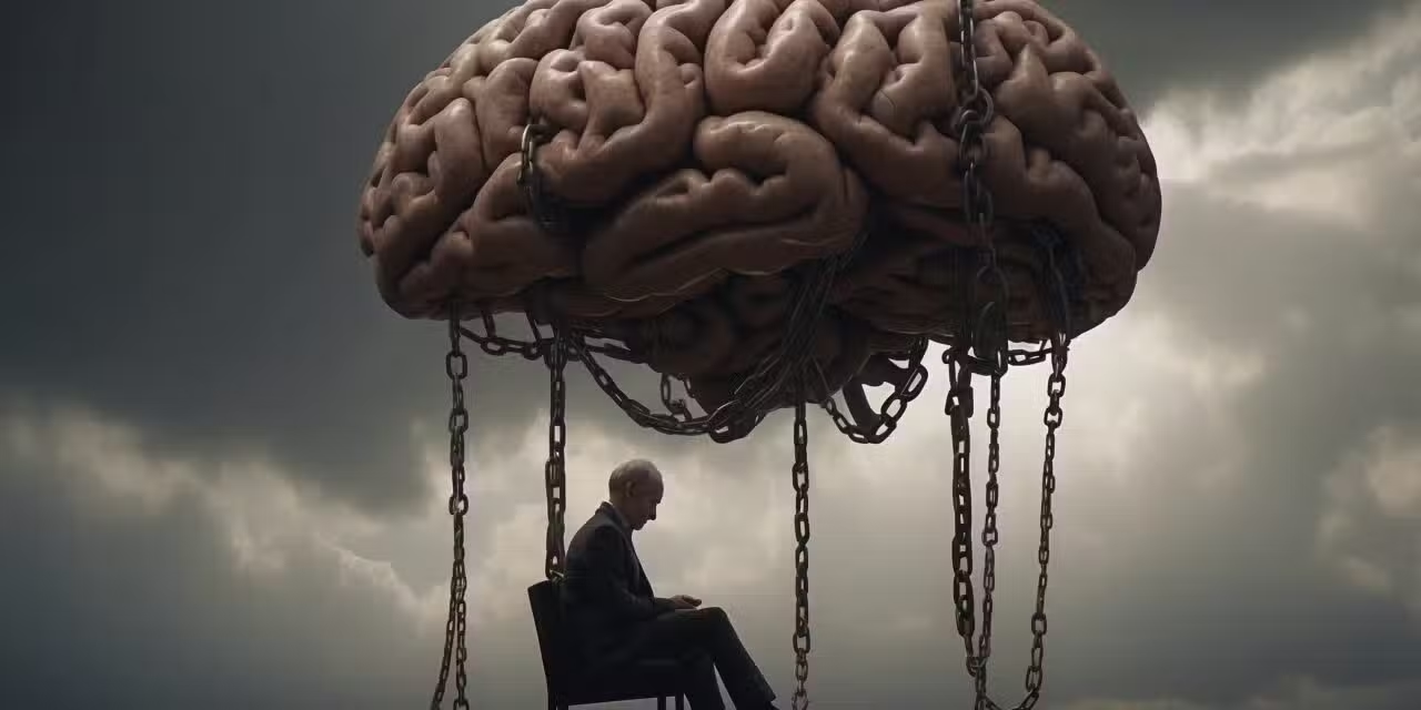 A person sitting under a giant brain suspended by chains against a cloudy sky.