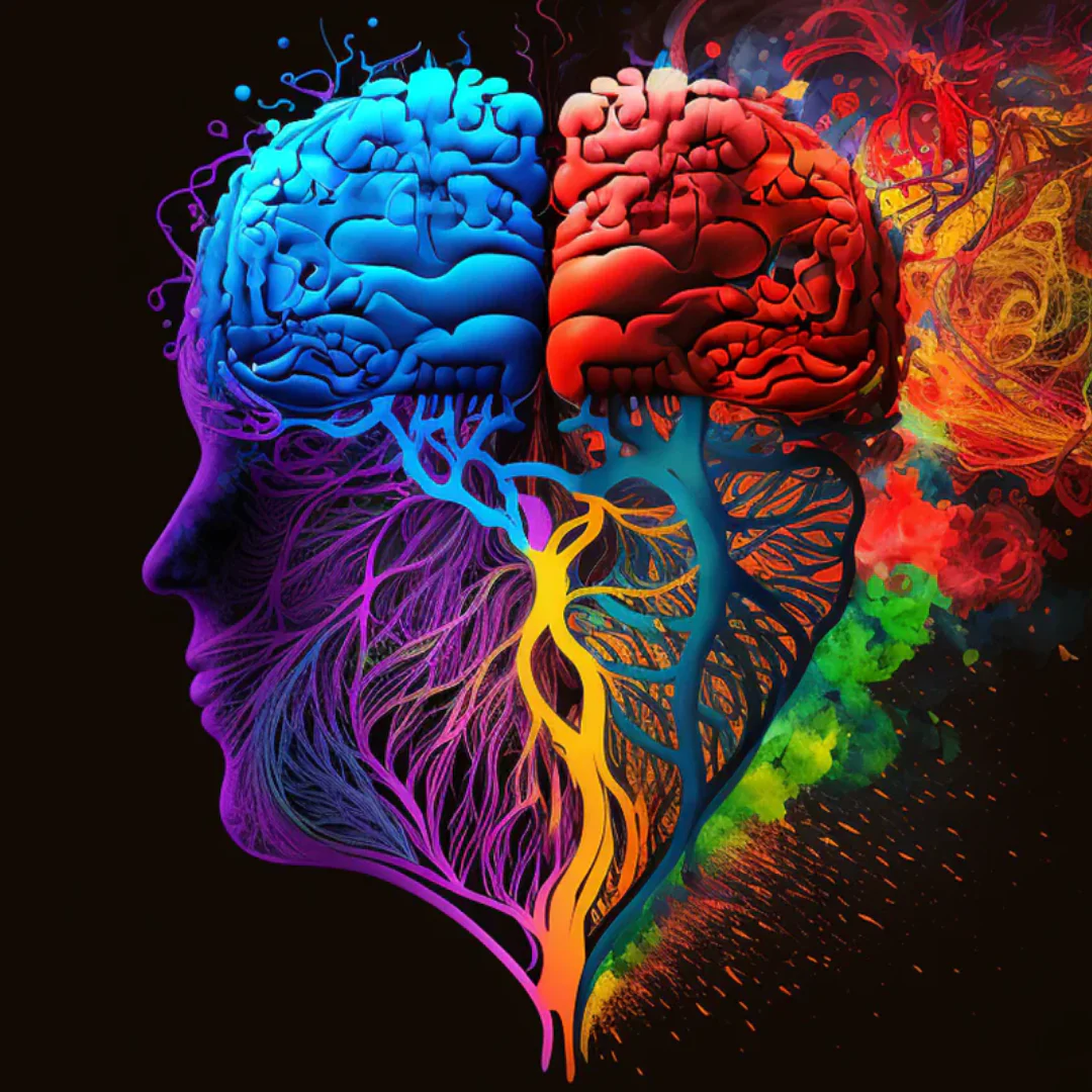 Artistic representation of a human profile with a colorful, divided brain and vibrant splashes.