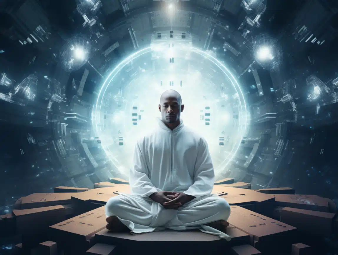 Person in white meditating amidst futuristic glowing energy circles and floating digital elements.