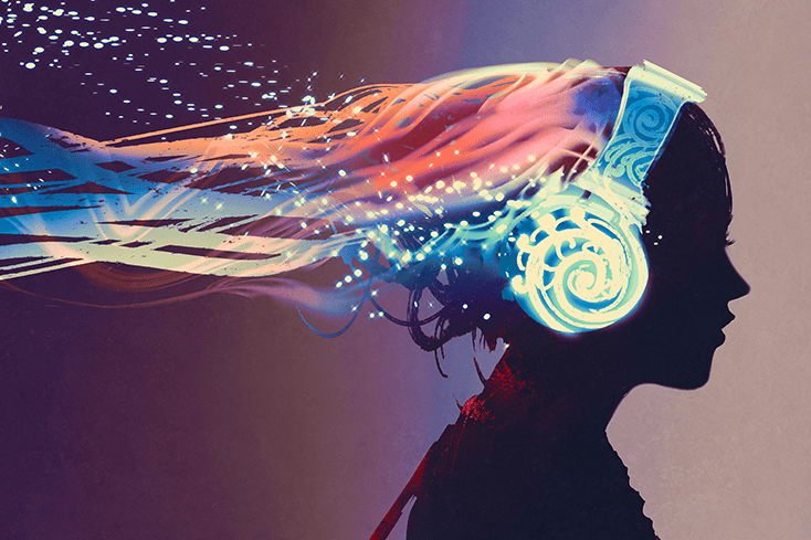 Silhouette of a person with colorful, abstract digital patterns flowing from the head like hair.