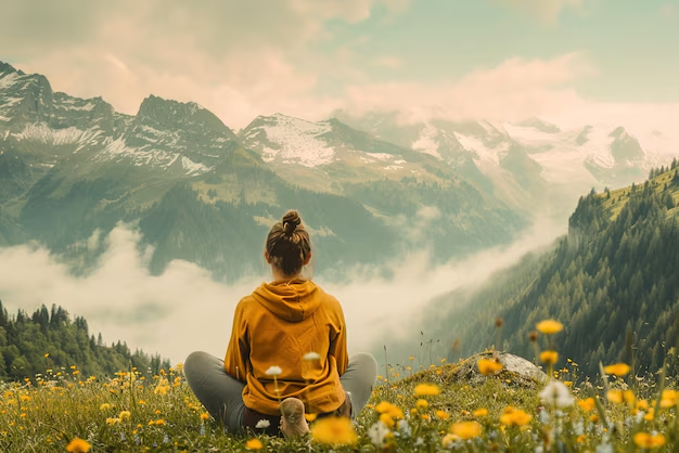 Person sitting in a meadow of flowers with snowy mountains in the background.