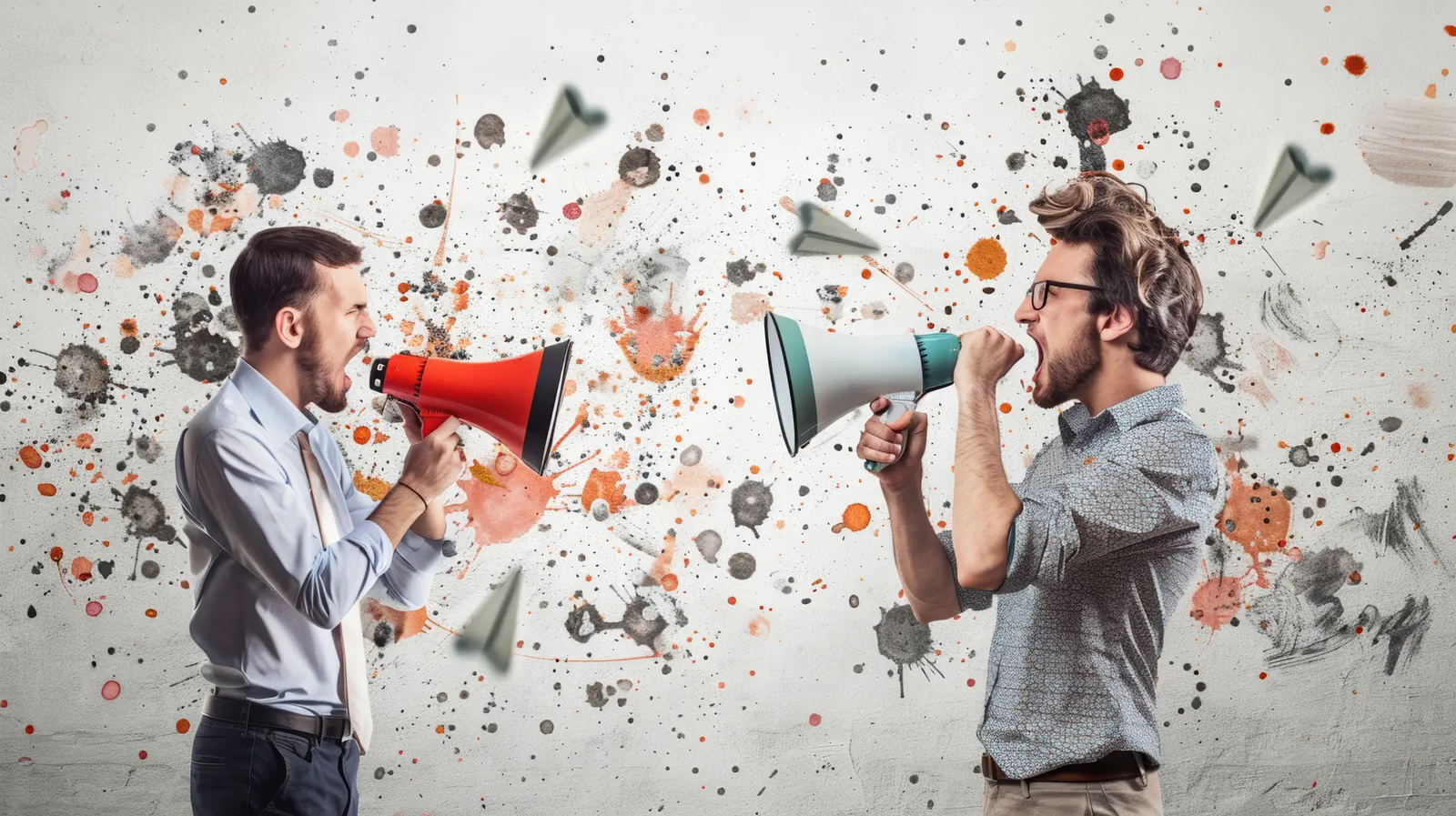 Two people holding megaphones with abstract colorful splashes in the background.