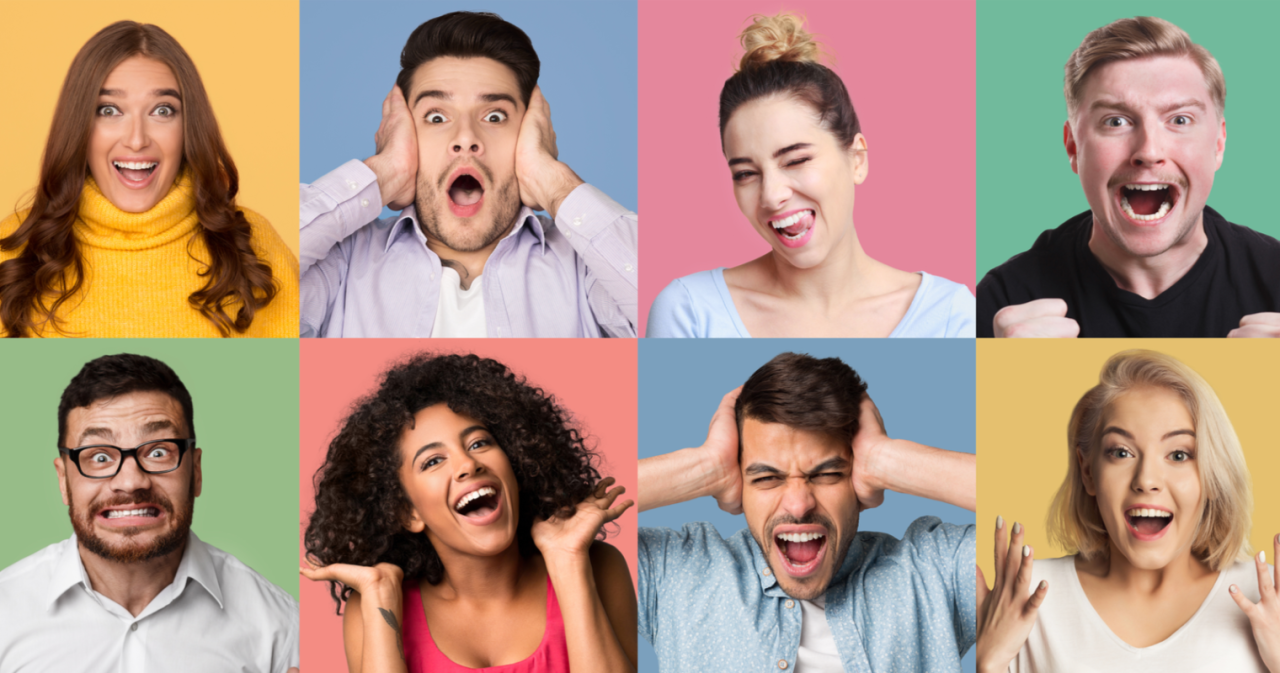 Grid of diverse individuals with obscured faces on colorful backgrounds.