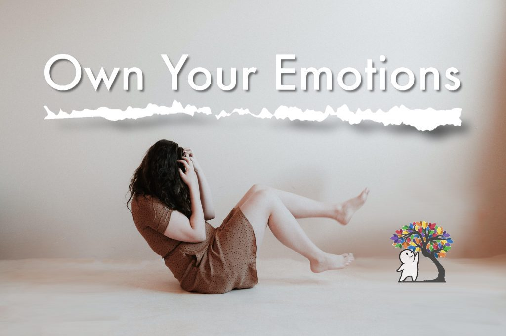 Person sitting with knees up, covering face, next to "Own Your Emotions" text and colorful tree graphic.