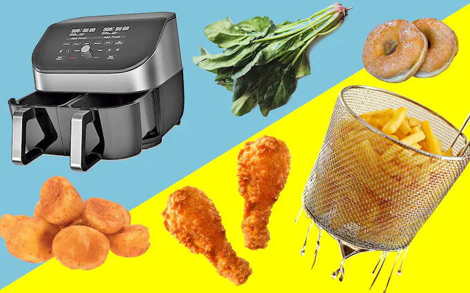 Collage of an air fryer and fried foods (chicken, fries, doughnuts) contrasted on blue and yellow background.