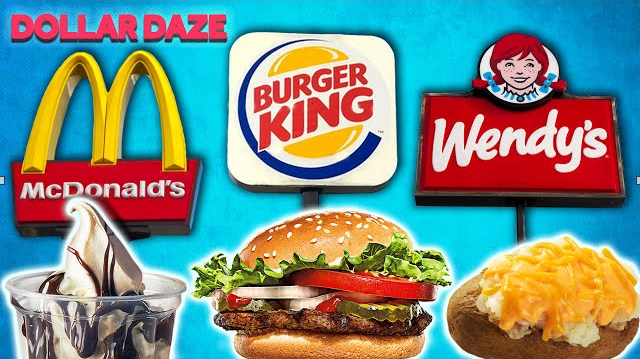 Logos of McDonald's, Burger King, Wendy's, with a burger, ice cream, and baked potato.