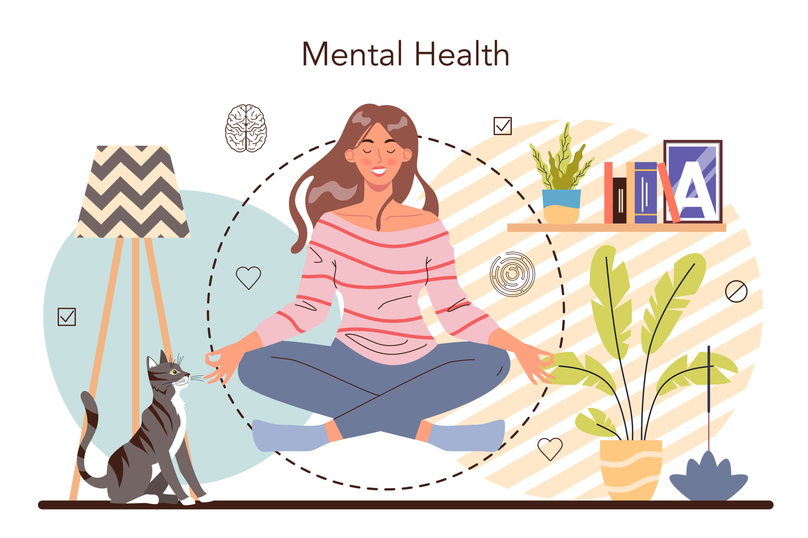 An illustration of a person meditating with a cat nearby, and decor suggesting a focus on mental health.