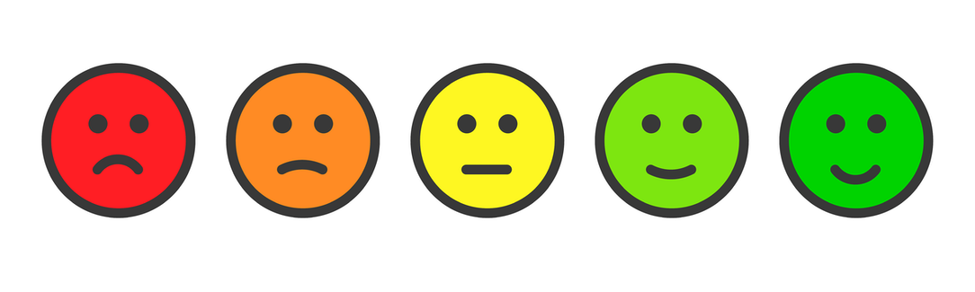 Five circular emoticons in gradient from red to green, showing varying emotions from sad to happy.
