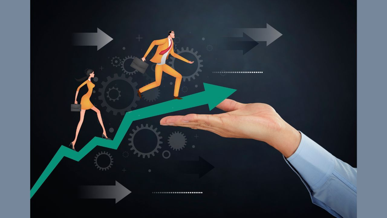 A digital illustration of people running on a rising graph supported by a hand, symbolizing business growth.